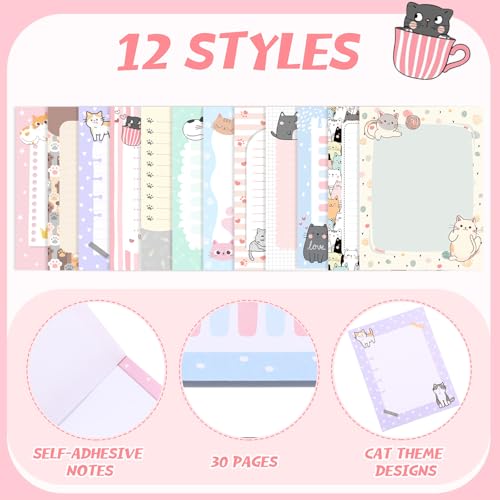 Chiisong 12 Pieces Cats Sticky Notes Cute Cat Gift Self Stick Notepads 3x4 Inch Kawaii Memo Notes for Animal Lover Cartoon Animal to Do List for Office Home Supplies Roommates Gift - style: Cat Style