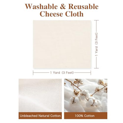 Cheese Cloths, Grade 90-36x36 Inch (9 Sq Ft),Washable & Reusable Cheesecloth for Straining & Cooking,100% Unbleached Ultra Fine Cotton Fabric,Food-Grade Muslin Cheese cloth - 1 Sq Yard - size: Grade 90 - 1 Sq Yard