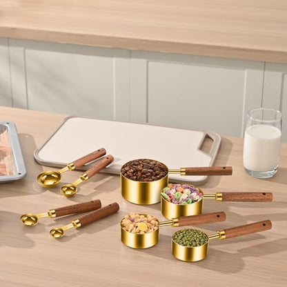 Wooden Handle Measuring Cups & Spoons Set 8-Piece – Stainless Steel, Stackable, Rustic Farmhouse Kitchen Gadgets, Non-Toxic, Dishwasher Safe, Gift for Bakers & New Homeowners - size: Gold-wood handle