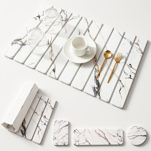 Stone Dish Drying Mat for Kitchen Countertop 24x16 Large Diatomaceous Earth Quick-Dry Absorbent Foldable Non-Slip Organizer for Dishes Glasses Utensils with Coaster Pads Gold Veined Marble