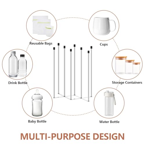 2 Pcs Foldable Bottle Drying Rack Stainless Steel Plastic Bag Drying Racks with Silicone Caps 8 Poles Space-Saving Countertop Organizer Dryer Rack for Cup Water Bottles Dish Plate Bag