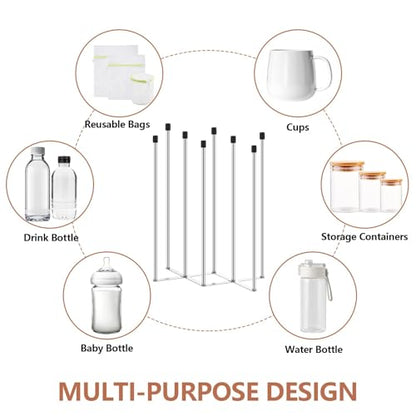 2 Pcs Foldable Bottle Drying Rack Stainless Steel Plastic Bag Drying Racks with Silicone Caps 8 Poles Space-Saving Countertop Organizer Dryer Rack for Cup Water Bottles Dish Plate Bag