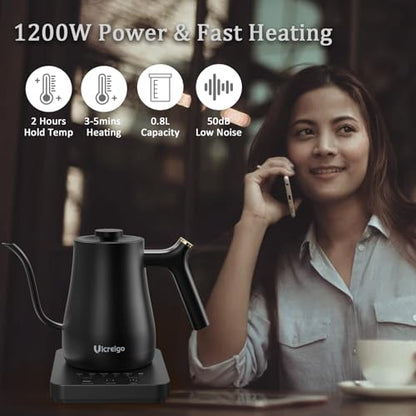 Gooseneck Electric Kettle,Ulcreigo Electric Kettle Temperature Control Tea Kettles for Boiling Water with 5 Variable Presets,Hot Water Boiler Heater for Coffee,304 Stainless Steel Black Color - color: Black 0.8L