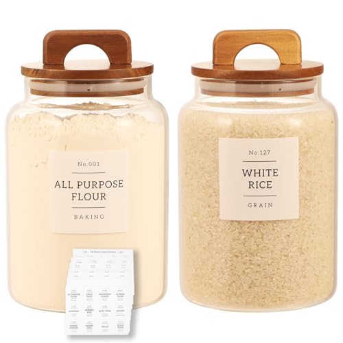2 Pack Large Glass Flour and Sugar Containers with 132 Pantry Labels - 64 FL OZ Glass Canisters with Bamboo Airtight Lids - Farmhouse Glass Cookie Jars for Rice, Pasta, Cereal, Bath Salt - size: 64OZ- 2 Pack