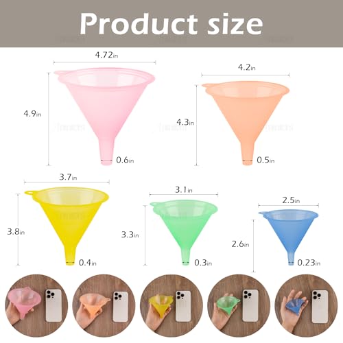 AUEAR, Candy Colors Plastic Funnel Set for Quick and Clean Transferring Kitchen Liquid Spices Powder Cosmetic Lotion Essential Oils Food Grade 5 Different Sizes (5 Pcs)