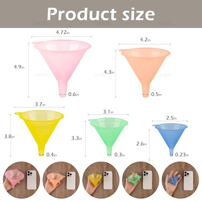 AUEAR, Candy Colors Plastic Funnel Set for Quick and Clean Transferring Kitchen Liquid Spices Powder Cosmetic Lotion Essential Oils Food Grade 5 Different Sizes (5 Pcs)