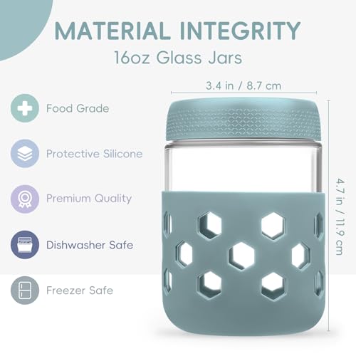 Gemice 6-Pack 16oz Glass Mason Jars with Silicone Sleeves, Airtight BPA-Free Overnight Oats Containers with Lids, Dishwasher Safe Leak-Proof Meal Prep Jars for Chia Pudding, Yogurt, Snacks - color: Retro Pastel, size: 16oz, 6-Pack