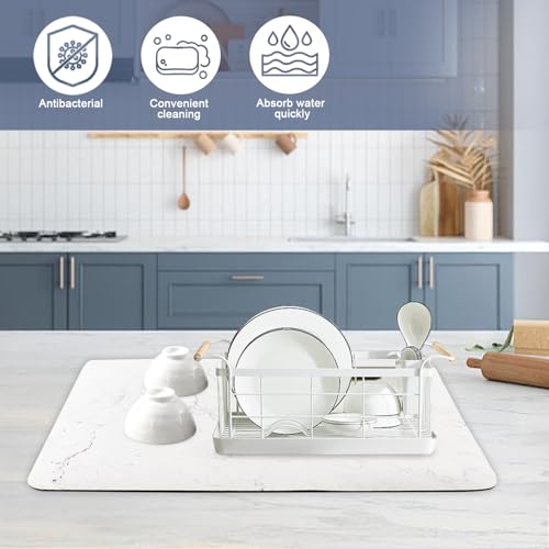 Marble Pattern Dish Drying Mat - Drying Mat for Kitchen Counter - Large 16" x 12" Dish Dring Mat - Dish Drying Pad for Dishes, Utensils, Pots and Pans - Dish Mats for Drying Dishes (white)