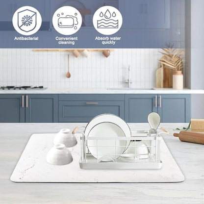 Marble Pattern Dish Drying Mat - Drying Mat for Kitchen Counter - Large 16" x 12" Dish Dring Mat - Dish Drying Pad for Dishes, Utensils, Pots and Pans - Dish Mats for Drying Dishes (white)