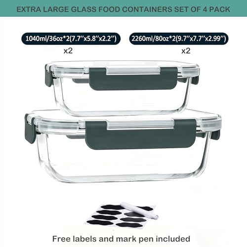 4 Pack Extra Large Glass Food Storage/Baking Containers Set 2X80 oz & 2X36 oz with Lids, Airtight Glass Container,Microwave,Oven,Freezer and Dishwasher