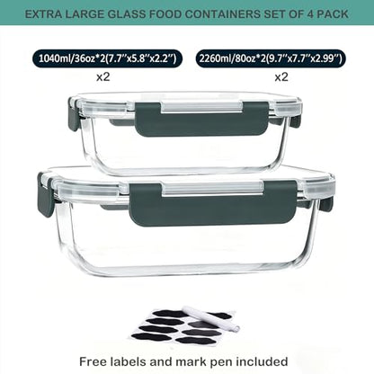 4 Pack Extra Large Glass Food Storage/Baking Containers Set 2X80 oz & 2X36 oz with Lids, Airtight Glass Container,Microwave,Oven,Freezer and Dishwasher