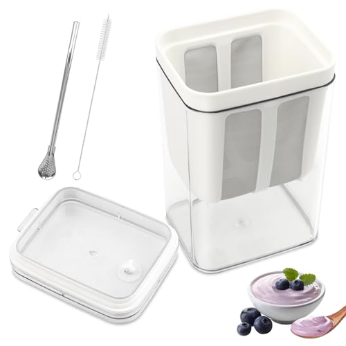 Greek Yogurt Strainer 1.16Quarts, Reusable with Stainless Steel Fine Mesh Bag & Lid, Whey Separator for Yogurt, Soybean Milk, Nut Milk (1100ml) - size: 1100ml