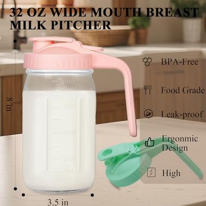 Mason Jar Pitcher, 32 oz Glass Milk Pitcher, Wide Mouth & Leakproof Glass Pitcher with Lid for milk, Sun Tea, Juice, Cold Brew Coffee and Drinks - color: pink+green