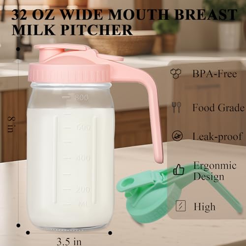 Mason Jar Pitcher, 32 oz Glass Milk Pitcher, Wide Mouth & Leakproof Glass Pitcher with Lid for milk, Sun Tea, Juice, Cold Brew Coffee and Drinks - color: Pink