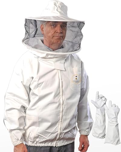 Beekeeping Jacket with Round Veil and Gloves, 100% Cotton Bee Jacket with YKK Brass Zippers - Small - size: Small