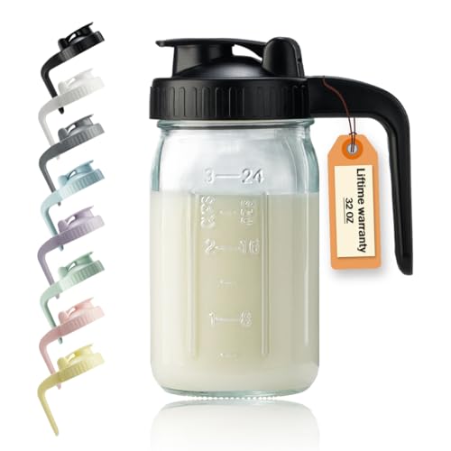 32oz Glass Pitcher with Lid & V-shaped Pour Spout - 1 Quart Breastmilk Pitcher Double Leak Proof, Creamer Container for Sun Tea, Juice, Cold Brew Coffee, Breastmilk Storage Container - color: Black, size: 32 Ounces