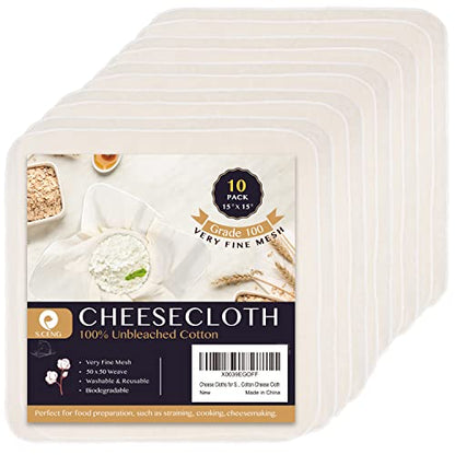 Precut Cheesecloth, 15 x 15'' 10 Pack, Grade 100, Ultra Fine Cheese Cloth for Straining & Cooking, 100% Unbleached Cotton Muslin Cloth for Making Cheese - size: 15x15'' 10 Pack