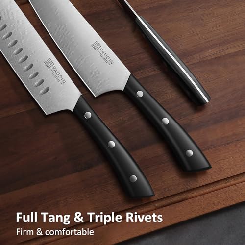 PAUDIN Kitchen Knife Set, 7 Piece Chef Knife Set, High Carbon Stainless Steel Kitchen Knives, Ultra Sharp Knives Set for Kitchen, Precise Cutting, Durable with Ergonomic Handle, Black - style: Knife Set 7pcs