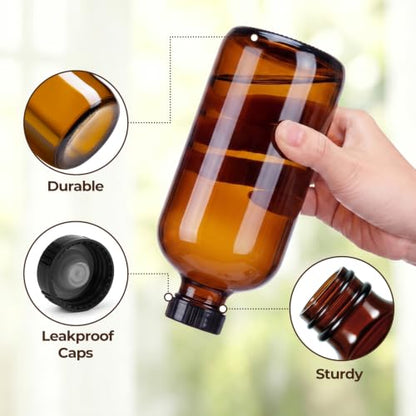 8 Pack 16oz Amber Glass Bottles with Caps and Labels - Large Boston Round Syrup Bottles for Elderberry, Liquid Supplements, Kombucha & Vanilla Extract - Airtight & Leakproof Apothecary Bottles
