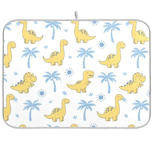 Dinosaur Palms Tree Dish Drying Mat for Kitchen Counter Super Absorbent Draining Mat with Non-slip Backed Dishwashing Mat for Dish Bottles Cups Bowl Sinks Countertops Draining Racks