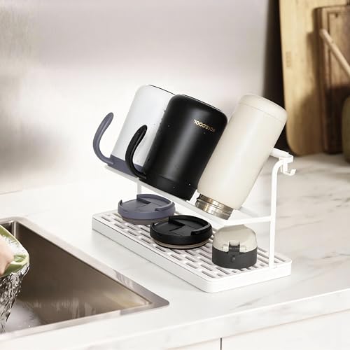 2-Tier Water Bottle Drying Rack for Countertop - Large Carbon Steel Cup Mug Organizer with Removable Drain Tray (White) - color: White