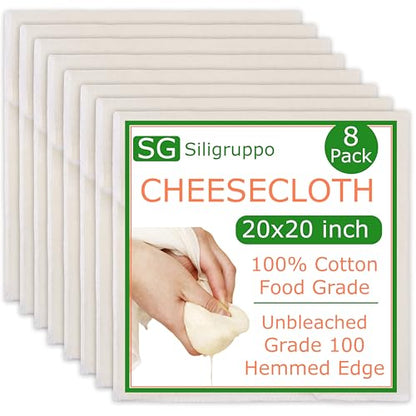 8-Pack Hemmed Cheesecloths - 20"X20" Reusable Unbleached Cotton For Cheese Making, Nut Milk, Yogurt Straining & Crafts. Food-Grade, Pre-Cut With Reinforced Edges - size: 8 Pack