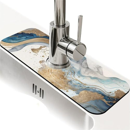 Kitchen Sink Splash Guard，Natural blue and gold marble Faucet Mat Sink Gadgets-Super Absorbent Fast Drying Mat Drip Catcher for Kitchen, Bathroom,Sink Mat, Dish Drying Mat, Bathroom(15" X 5.5" ) - color: Natural blue and gold marble