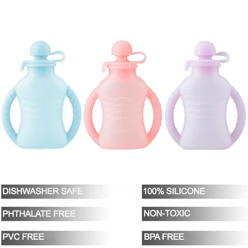 PandaEar 3 Pack Reusable Silicone Baby Food Pouches with 3 Puree Feeder Spoons & Funnel | 4oz Toddler Food Storage Pouch with Handle | BPA-Free Baby Squeeze Pouches for Homemade Purees