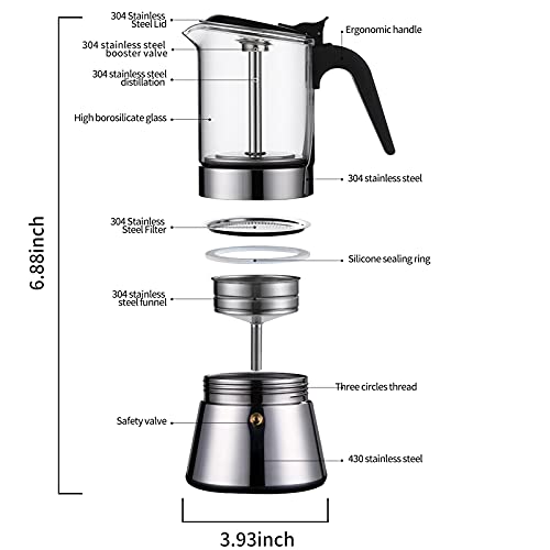 SIXAQUAE Moka Induction Stovetop Espresso Maker With Pressure valve,Crystal Glass-top & Stainless Steel Esprosso Moka Pot,240ml Classic Italian Coffee Maker - size: 240 ml - Pressure Valve
