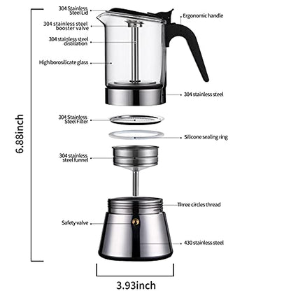 SIXAQUAE Moka Induction Stovetop Espresso Maker With Pressure valve,Crystal Glass-top & Stainless Steel Esprosso Moka Pot,240ml Classic Italian Coffee Maker - size: 240 ml - Pressure Valve
