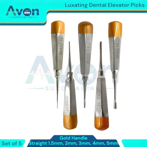 1.5, 2mm, 3mm, 4mm, 5mm, Straight Tipped Hollow Handle Root Extraction Elevators | Stainless Steel German | 5 Piece Bundle - Gold