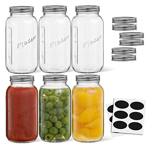 32 Oz Mason Jars With Lids, Labels and Measures! 6-Pack Regular Mouth Mason Jars, Glass Jar with Lid and Band. Airtight Canning Jars, Overnight Oats Jars, Salad Jars, Sourdough Starter Jar - size: 32 Oz