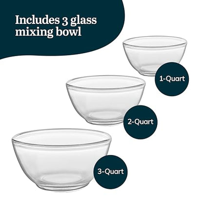 Libbey Baker's Basics 3-Piece Glass Mixing Bowls Set - Clear Bowls for Baking, Prep, Serving & Storage - Microwave, Oven, Freezer and Dishwasher Safe - color: Mix Set 3