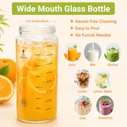 16oz Reusable Glass Juice Bottles with Lids, Wide Mouth, BPA-Free | Leak-Proof Clear Water Bottle for Juicing, Smoothie, Meal Prep | Capacity Markings, Brush Included, Dishwasher Safe | 4pcs - color: Clear-4 Packs, size: 16 Ounces