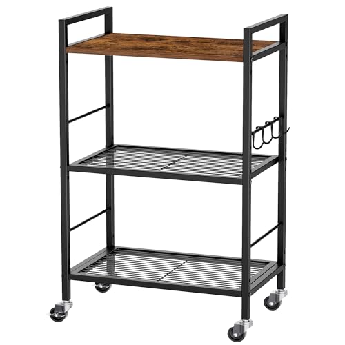 3-Tier Metal Storage Rack with Industrial Wheels,Mesh Shelving Unit with Wooden Table top,Adjustable Shelf,16.9-Inch Width,for Kitchen,Laundry,Pantry,Plant,Black - color: Brown Panel, size: 3 Tier (16.9"W x 11.8"D)