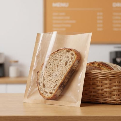 Lurrose 100pcs Kraft Paper Bags: Food Storage Bags with Transparent Window - Reusable for Snack Cookies Bread Candy Treat Cheese Tea 7.9"x7.17"