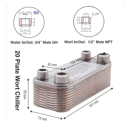 20/30/60 Plates Heat Exchanger Wort Chiller Cooler SUS 304 Stainless Steel For wort Cooling(20 Plates 1/2 NPT+3/4 GH) - size: 20 Plates 1/2 NPT+3/4 GH