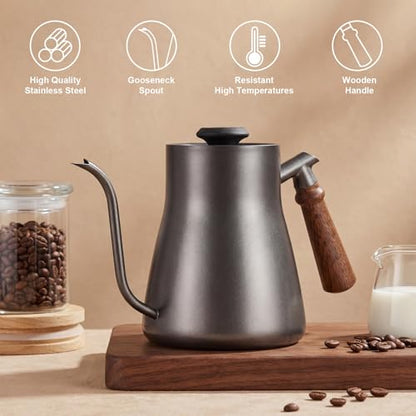 Pour-over kettle with thermometer, 850ml capacity, leak-proof one-piece 304 stainless steel gooseneck spout, food-grade easy-clean, suitable for pour-over coffee, French press, and tea. (850ml) - size: 0.9 Quarts