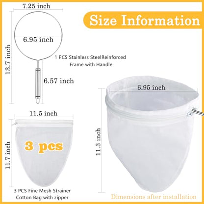 WMKGG Ultra Fine Mesh Strainer Bags,Cheese Cloth Bag for Straining, with Stainless Steel Handle Frame for Juices,Nut Milk,Fresh Cheese,Yogurt (Medium Size)(6.95"Wx11.7"D) - size: Medium Size