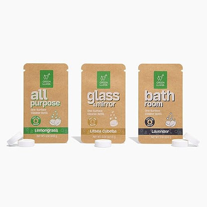 Green Llama Eco-Friendly Cleaning Refill Tablets Variety Pack - Multi-Surface, Glass & Bathroom Cleaners with Natural Essential Oils in Compostable Packaging, Biodegradable, Family & Pet Safe - style: SP(1 each)