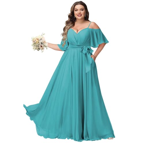 Plus Size V Neck Bridesmaid Dress with Pockets Flutter Sleeve Pleated Formal Evening Dresses ZU125 - color: Aqua Blue, size: 4