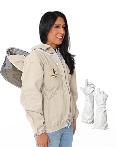 Beekeeping Jacket with Round Veil and Gloves, Natural Canvas Bee Jacket with Durable YKK Brass Zippers for Professional & Hobby Beekeepers (2XL) - size: XX-Large