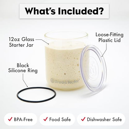 Brod & Taylor Small Sourdough Starter Jar (12oz) Less Discard Waste, 100% Dishwasher Safe, Measurement Markings, and Height Marker (Durable Glass Jar, BPA-Free) - size: 12 Ounce
