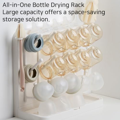 LUNELL Baby Bottle Drying Rack 20 Hooks Space-Saving Vertical Brush Holder | Drip Tray, Countertop Organizer, Pump Parts, Pacifiers, Nipples, Baby Feeding Accessories, Ivory White