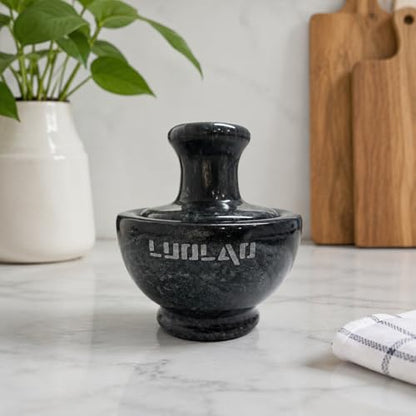 LUOLAO Marble Mortar and Pestle Set, Pill Crusher and Spice Stone Grinder, 3.7 Inch, 1/2 Cup, Grinding is Efficient and Labor-Saving (Black)