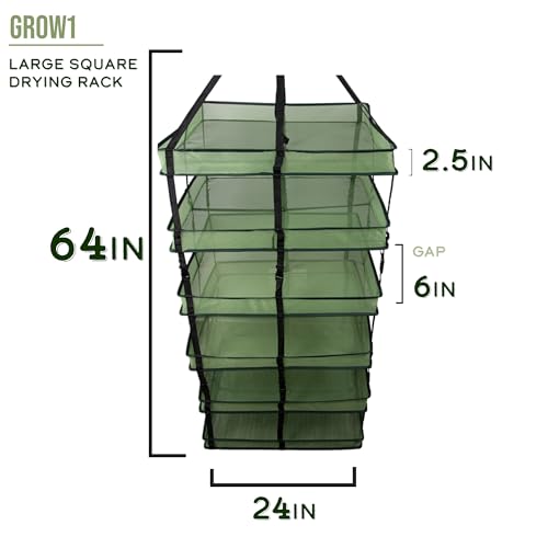 Grow1 Large Square Drying Rack 6-Layer 24x24in Collapsible Mesh Herb and Flower Hanging Dryer with Carrying Case and Center Support Strap - size: Large
