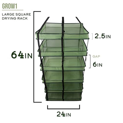 Grow1 Large Square Drying Rack 6-Layer 24x24in Collapsible Mesh Herb and Flower Hanging Dryer with Carrying Case and Center Support Strap - size: Large