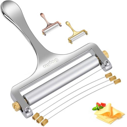 Sopito Stainless Steel Wire Cheese Slicer with 3 Extra Wires Adjustable Thickness, Handheld Cheese Block Cutter for Cheddar, Gruyere, Raclette, Mozzarella - color: Silver