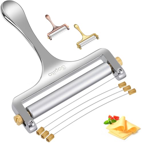 Sopito Stainless Steel Wire Cheese Slicer with 3 Extra Wires Adjustable Thickness, Handheld Cheese Block Cutter for Cheddar, Gruyere, Raclette, Mozzarella - color: Silver