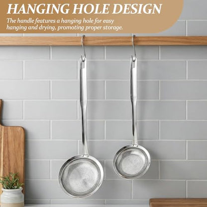 2 Pack Fine Mesh Strainer Stainless Steel Kitchen Sieve - Oil Grease Skimmer Spoon with Long Handle, Small Large Food Strainers for Frying Cooking Soup